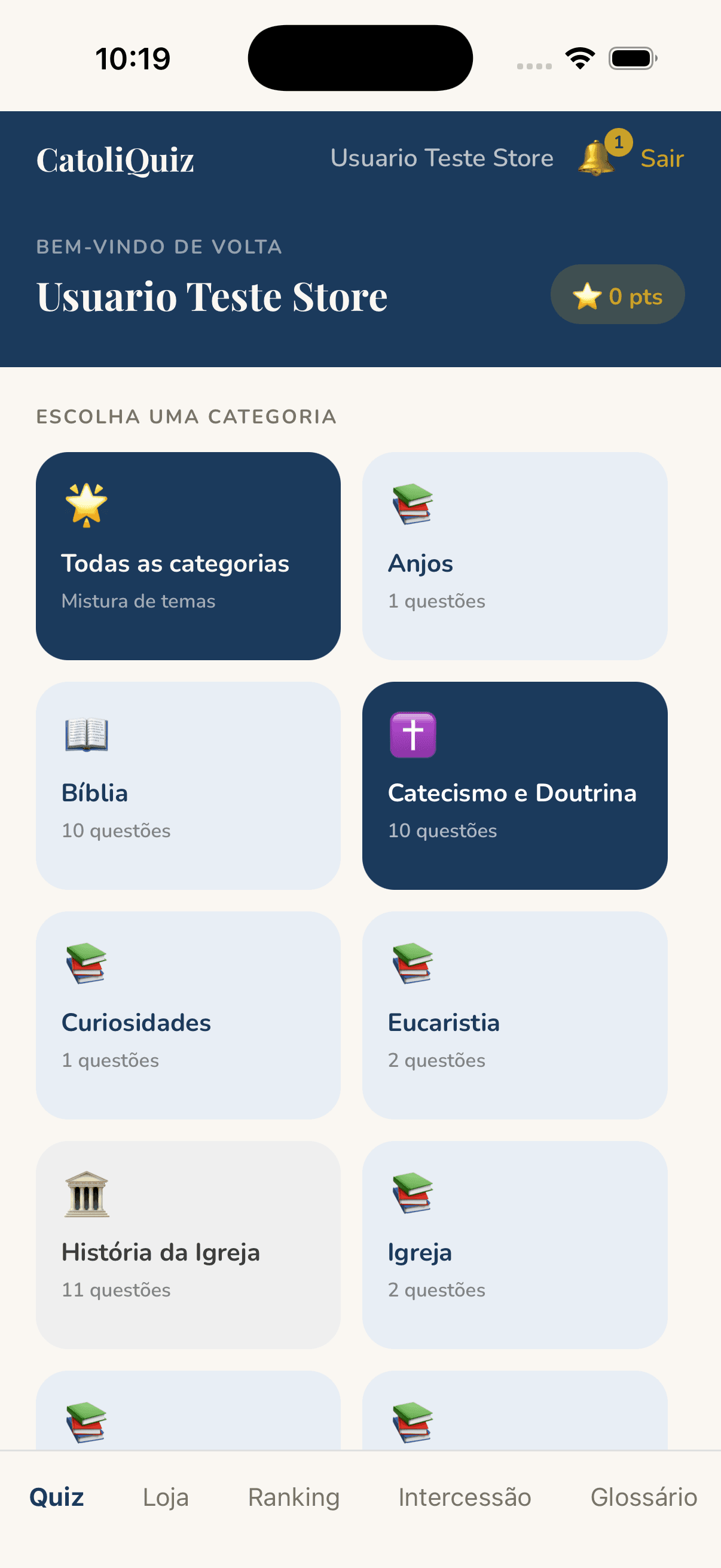 Categorias do quiz no app CatoliQuiz