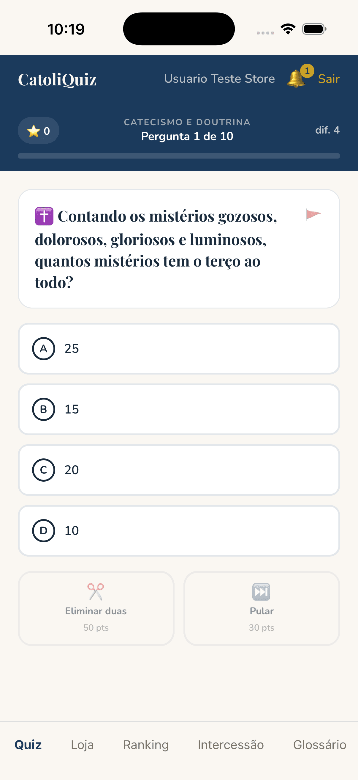 Pergunta de múltipla escolha no app CatoliQuiz
