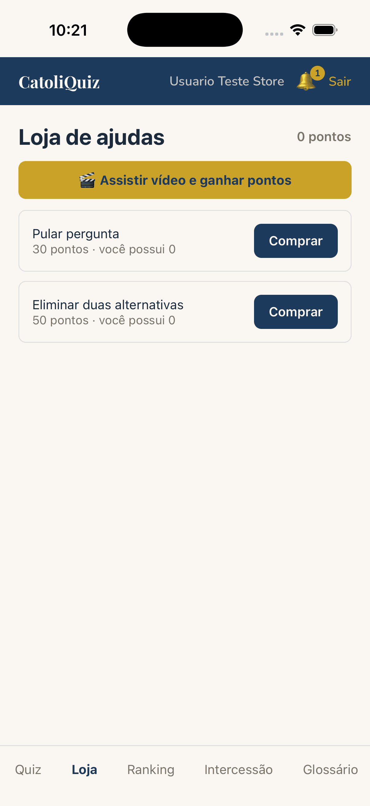 Loja de ajudas do app CatoliQuiz