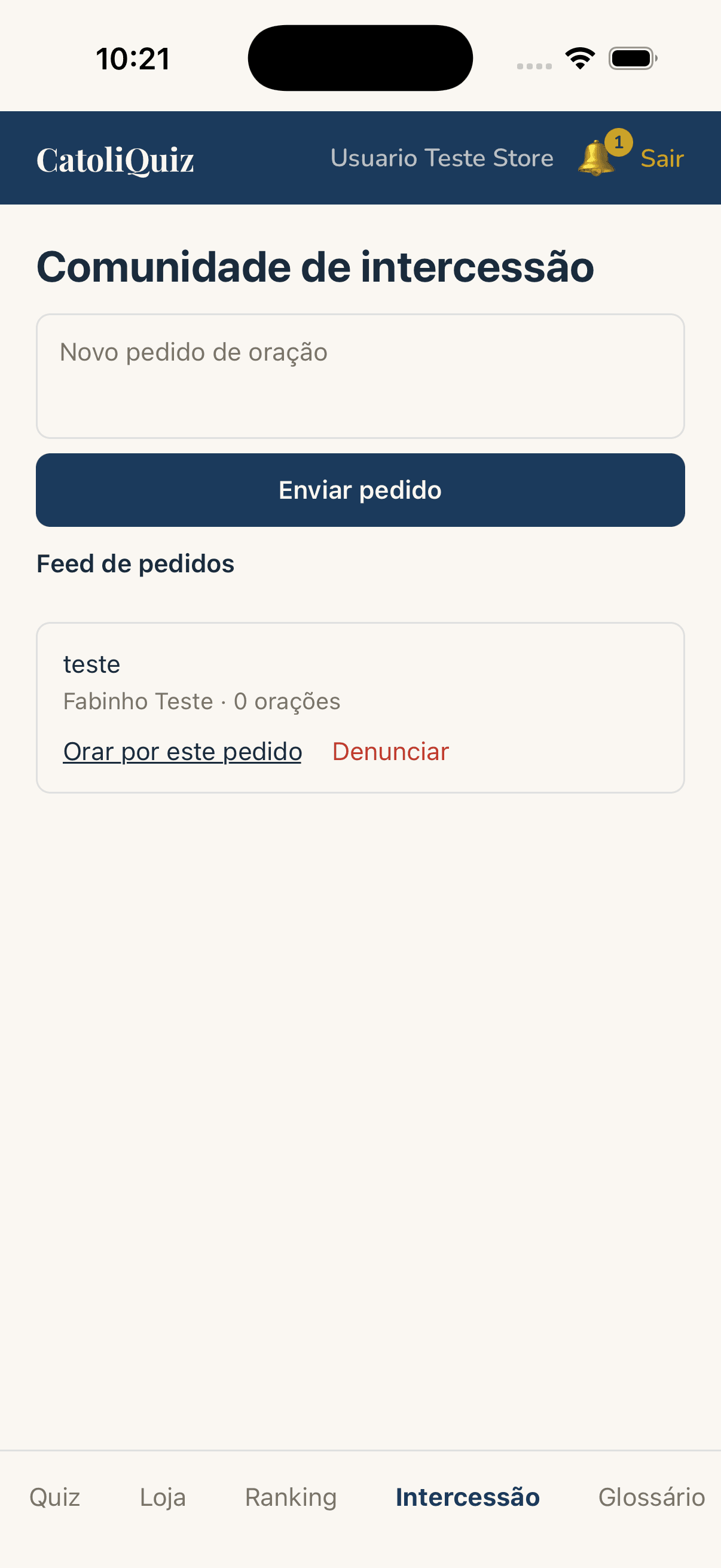 Espaço de intercessão do app CatoliQuiz