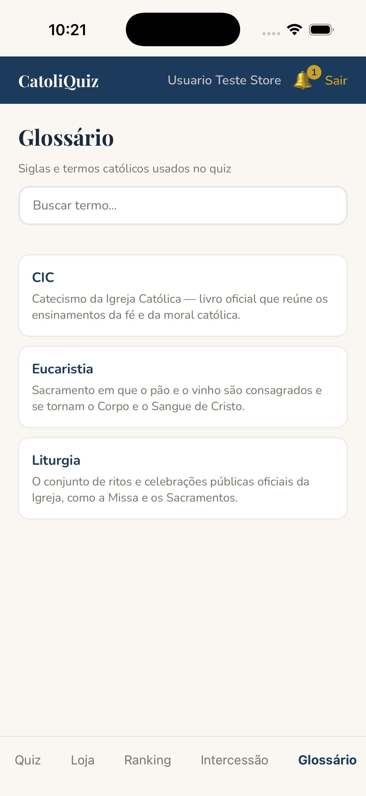 Glossário católico no app CatoliQuiz
