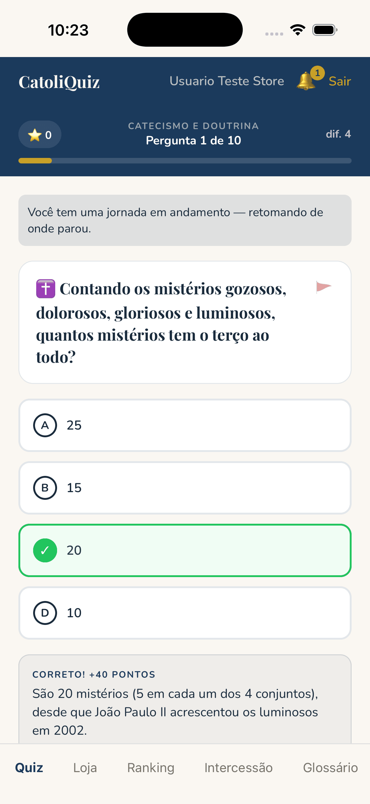 Resposta correta com pontuação no app CatoliQuiz