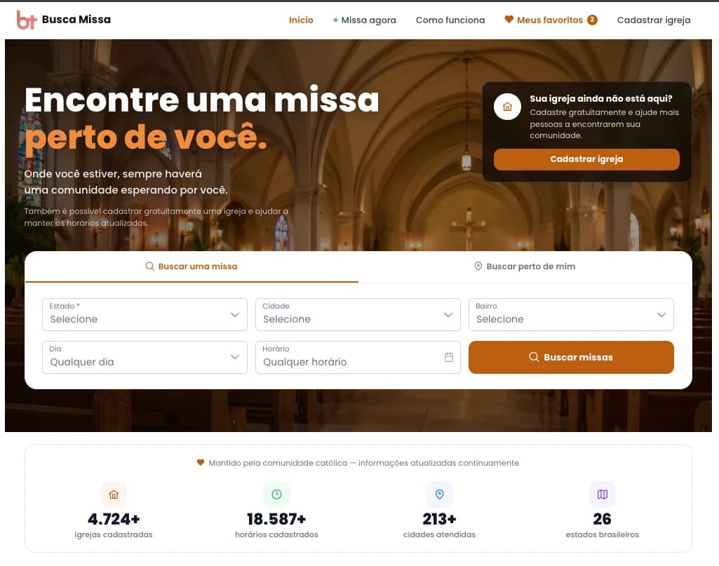Home do BuscaMissa com busca de missas