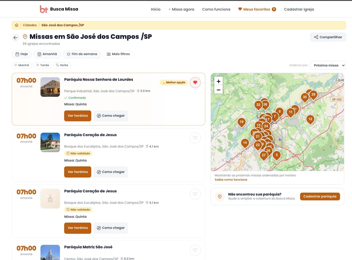 Listagem de missas por cidade com mapa